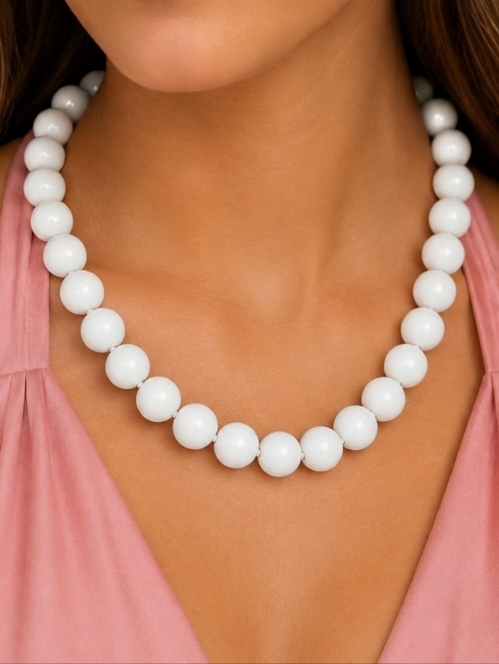Bright White Acrylic Round Beaded Ball Vintage JAPAN J Clasp Knotted  Necklace